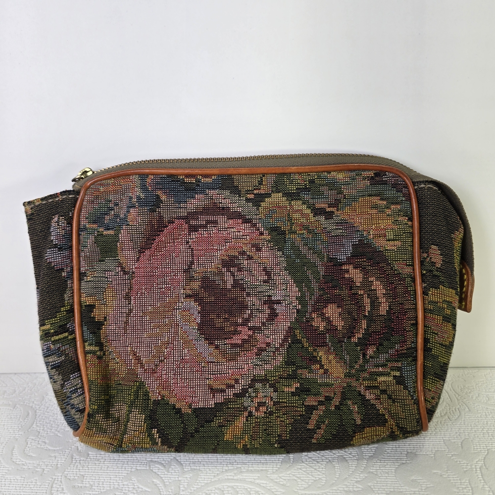 POLO Ralph Lauren Floral Tapestry Fabric Travel Bag Cosmetic Leather Trim